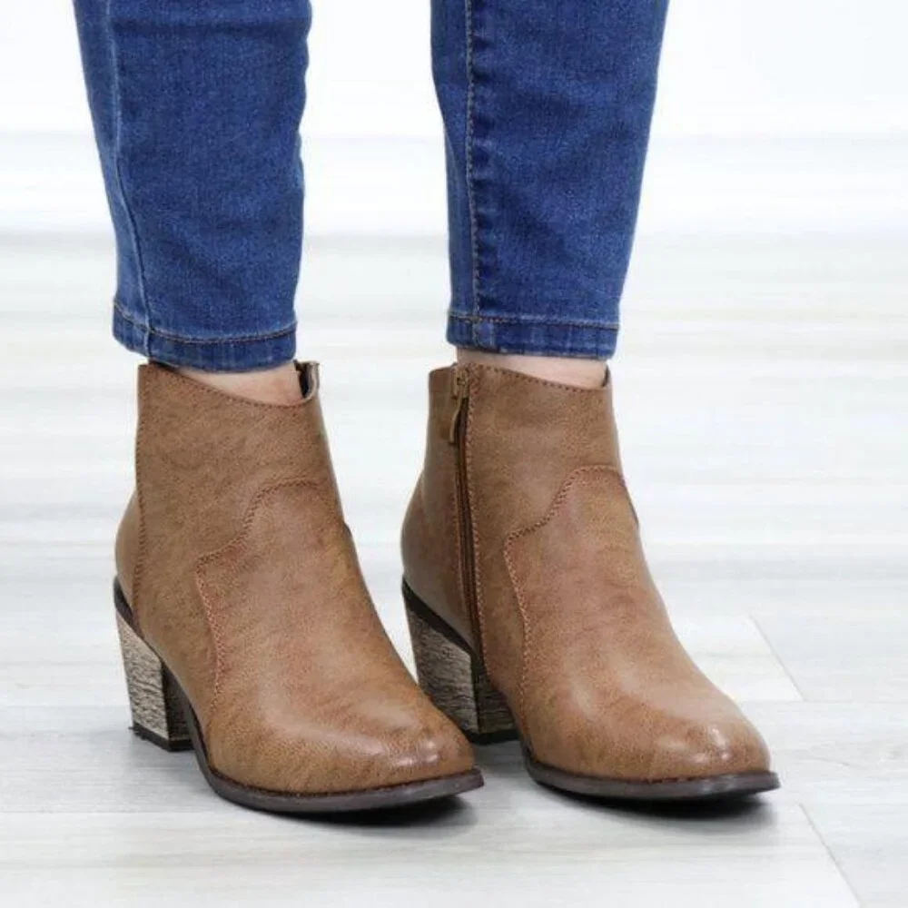 Ankle Boots Cowgirl Block Heel Pointed Toe Low Shaft Brown Faux Leather Zipper - Picture 8 of 15